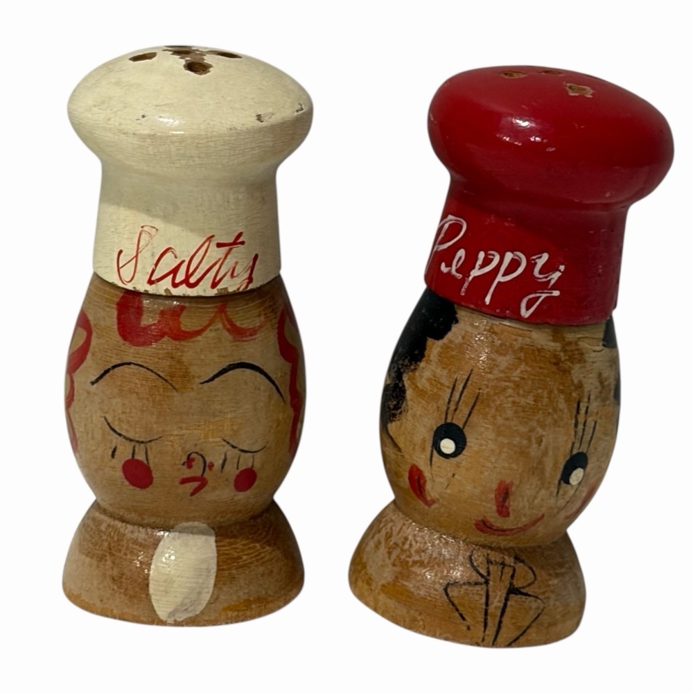 Vintage Wooden Mini 2.5" Inch Peppy & Salty Salt‎ and Pepper Shakers Kitchy MCM